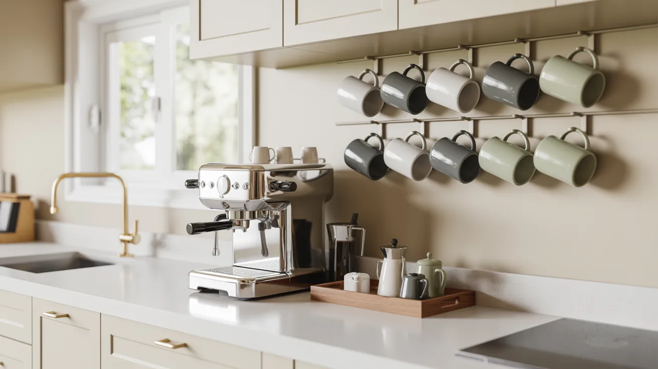 Modern kitchen with beige cabinets, a silver espresso machine on the countertop, and neatly hung mugs in shades of white, gray, and green. Bright, tidy ambiance.