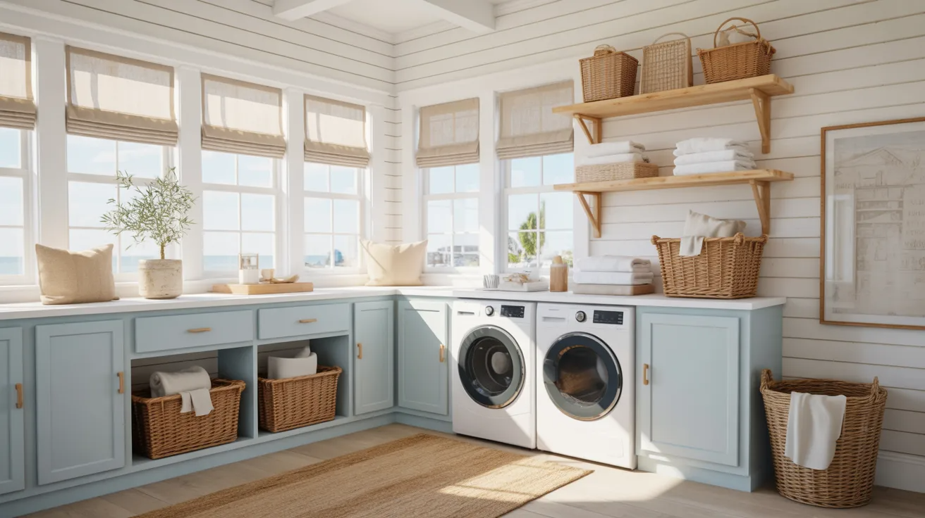 A laundry room featuring a washer and dryer, with shelves and laundry supplies visible in the background.