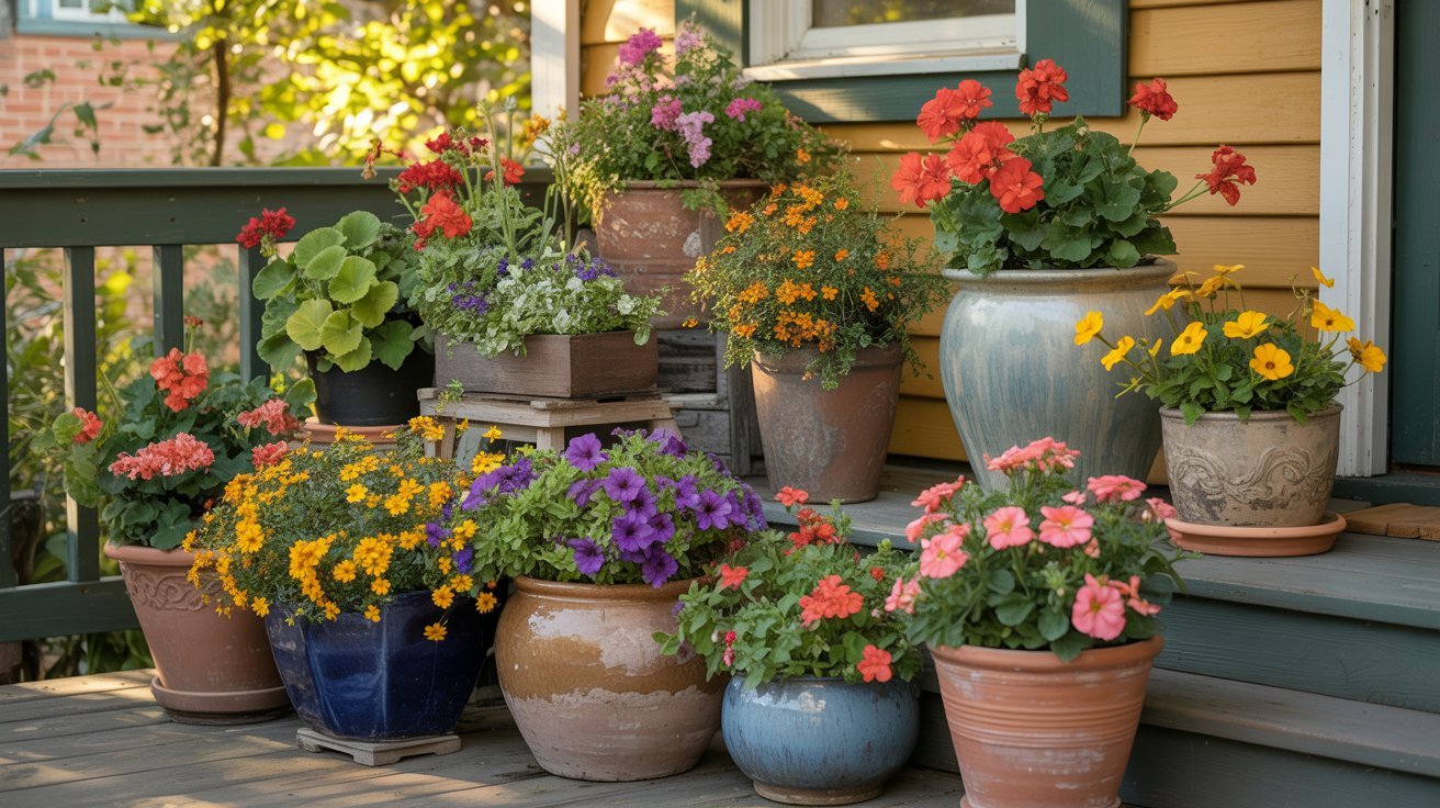 A variety of colorful flowering plants in pots are arranged on wooden steps next to a house with yellow siding, creating a vibrant and cheerful scene.