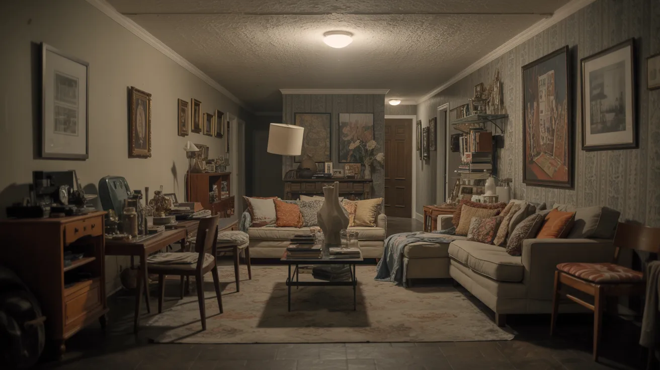 A cozy living room featuring couches, tables, and framed pictures adorning the walls.