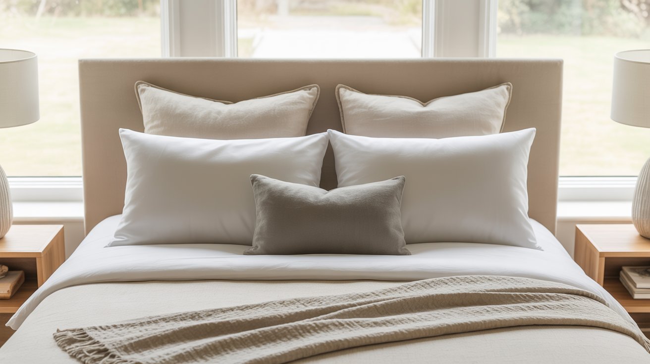 A neatly made bed with a beige headboard, featuring layers of cream and white pillows and a beige throw. Flanked by matching wooden nightstands with lamps.