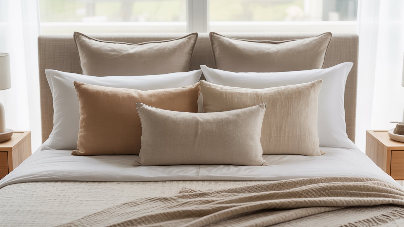A neatly made bed with a neutral color palette features multiple beige and tan throw pillows. Natural light filters through a window in a tranquil setting.
