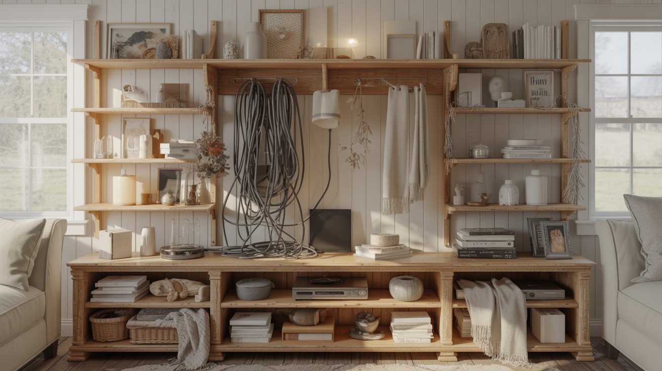 A cozy living room with a wooden shelving unit filled with books, plants, and decor. Neutral tones and soft lighting create a warm, inviting atmosphere.