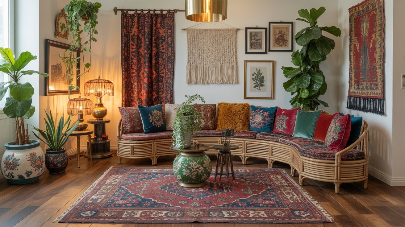 Spacious bohemian living room featuring a wicker sectional with vibrant cushions, patterned rugs, lush plants, and eclectic wall art, exuding cozy warmth.