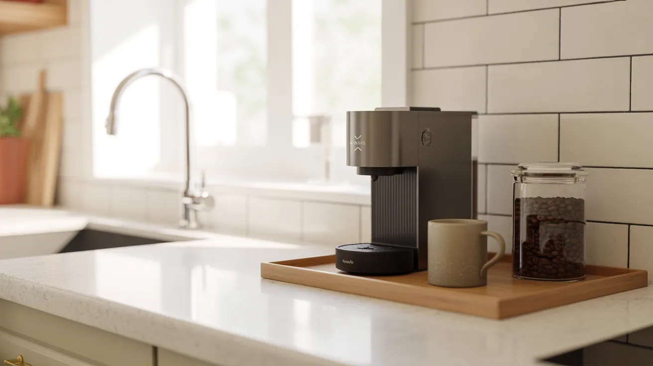 A coffee maker sits on a kitchen counter, surrounded by utensils and a cozy kitchen atmosphere.