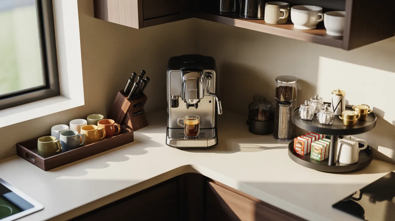 A countertop displaying a coffee maker alongside other kitchen accessories.