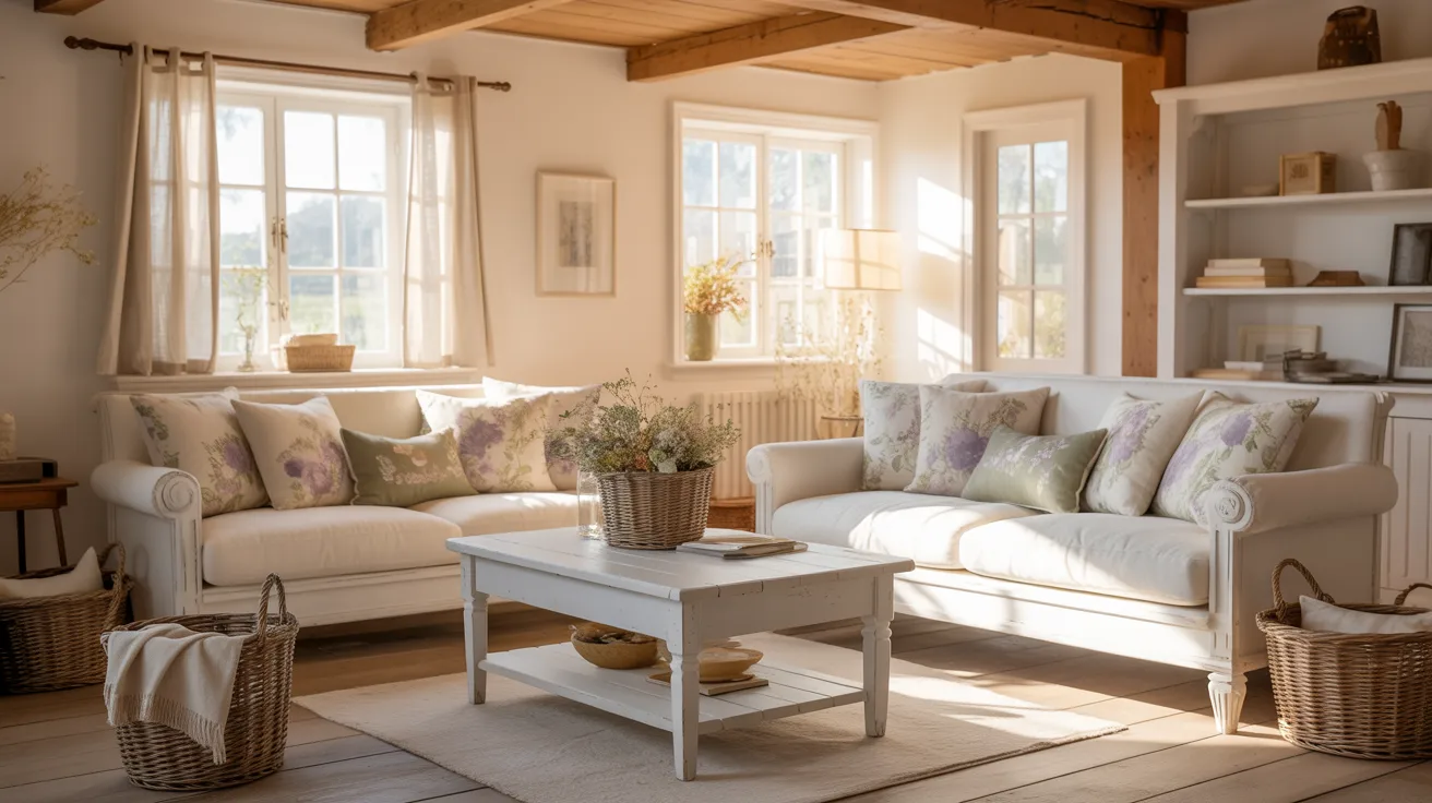 A cozy living room bathed in natural light features two white sofas with floral cushions, a rustic coffee table, and wicker baskets, creating a serene, inviting atmosphere.