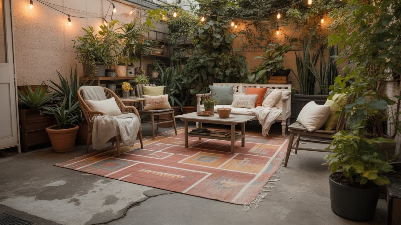 Cozy patio with string lights, lush plants, and wooden furniture. Colorful cushions and a patterned rug create a warm, inviting atmosphere.