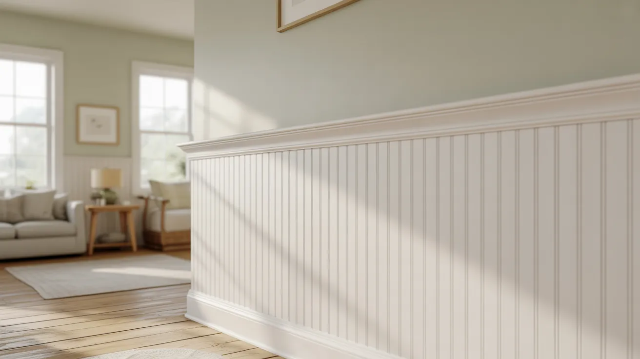 Bright living room with pastel green walls, white wainscoting, and wooden floors. Sunlight streams through large windows, creating a serene atmosphere.