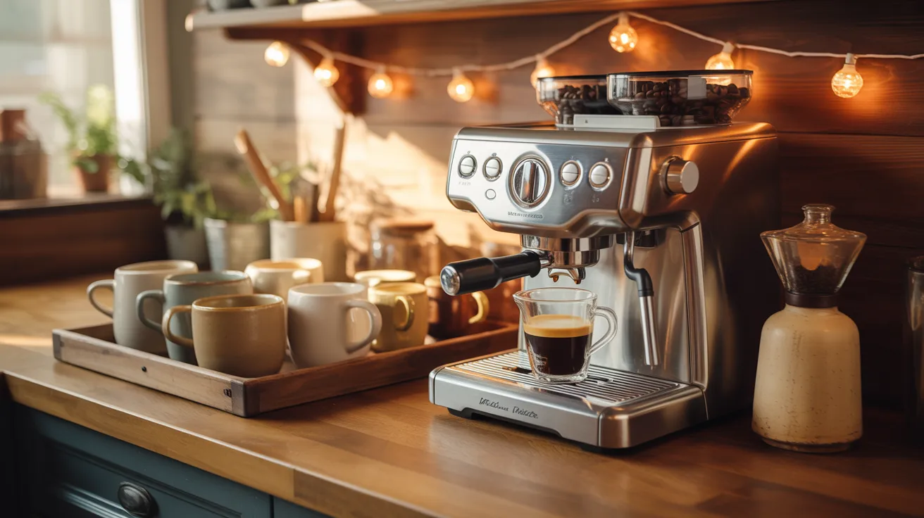 . A coffee maker on a kitchen counter surrounded by various cups and mugs ready for use.