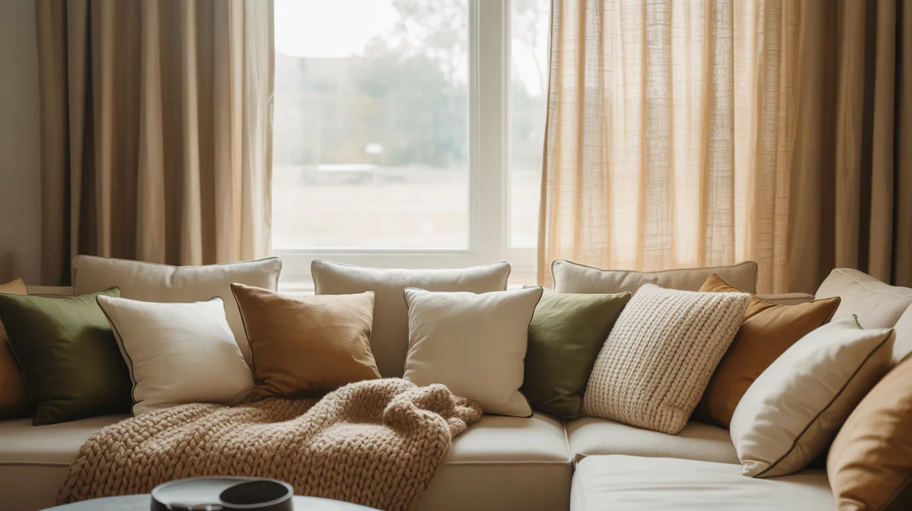 A cozy living room featuring a couch, a coffee table, and decorative pillows arranged for comfort.