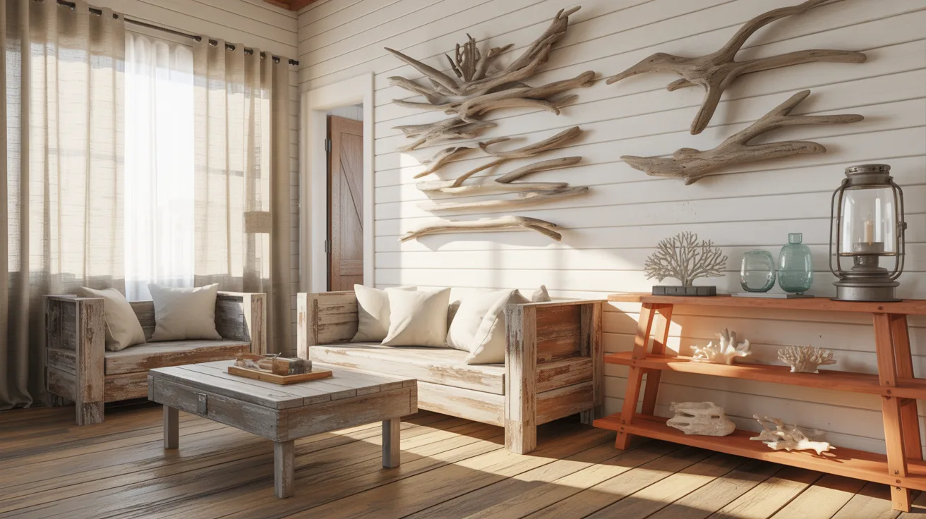 Cozy rustic living room with white walls and wood flooring. Driftwood art decorates the wall. Sunlight streams through sheer curtains, illuminating wooden furniture and soft cushions, evoking a serene, coastal vibe.