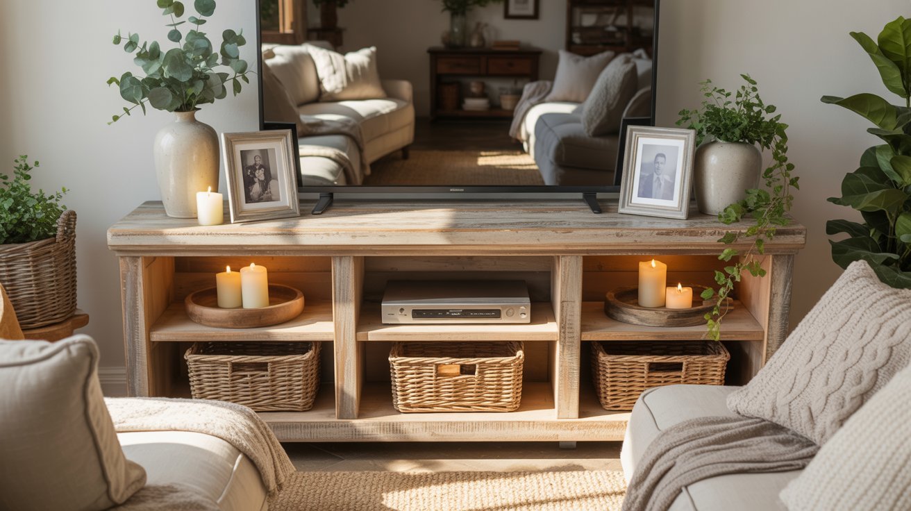 Cozy living room with a rustic wooden TV stand, baskets, candles, and framed photos. Soft light, plants, and neutral tones create a warm, inviting atmosphere.