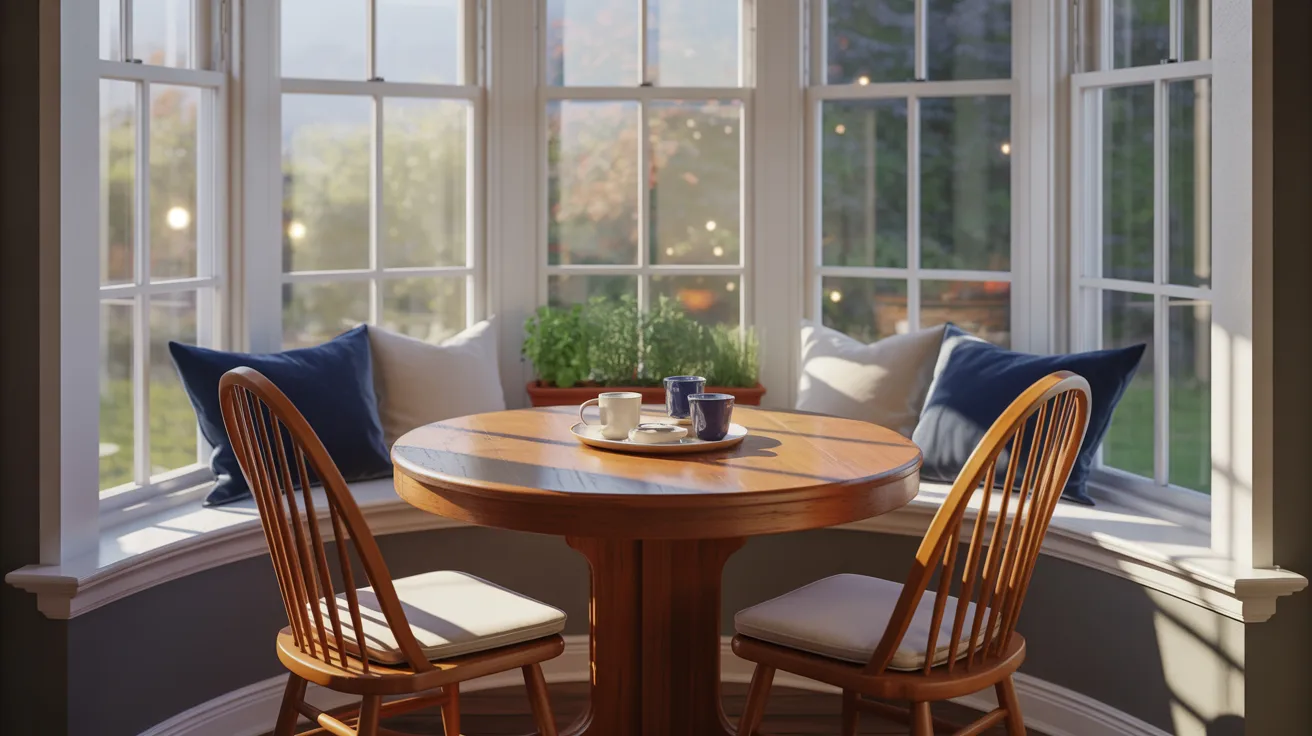 A table and chairs positioned in front of a large window, allowing natural light to fill the space.