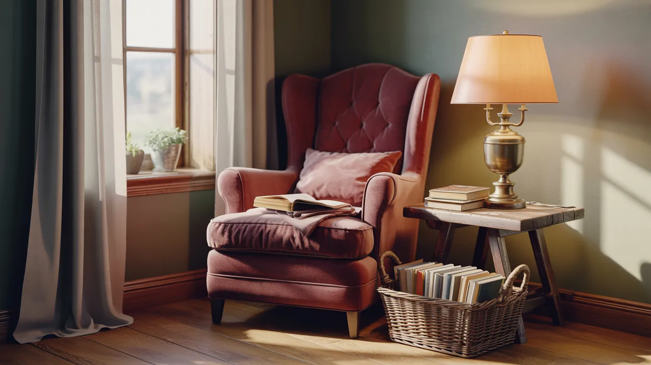 A chair and a lamp are positioned in a room with a window, allowing natural light to illuminate the space.