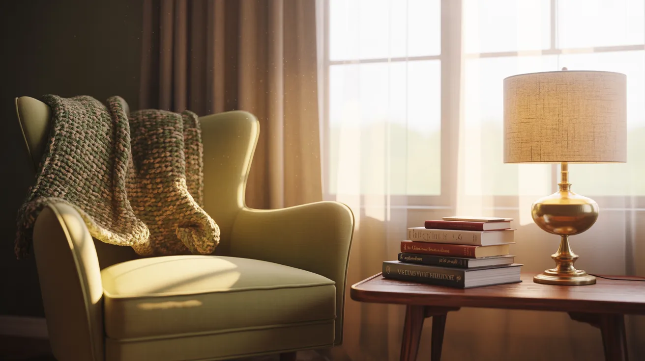 A cozy room with a sunlit green armchair draped with a knitted blanket, beside a wooden table holding stacked books and a warm-lit table lamp.