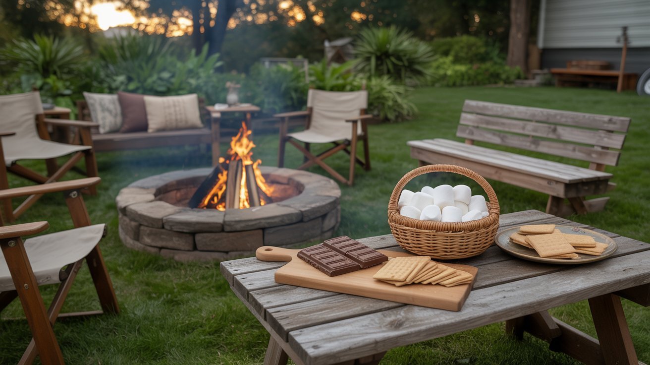 A cozy backyard scene shows a campfire with chairs around it. A table holds s'mores ingredients: marshmallows in a basket, chocolate, and graham crackers.