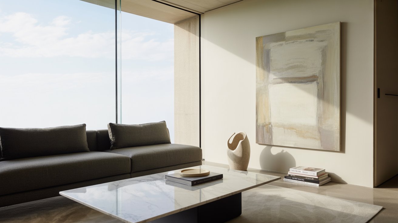 Modern living room with a large abstract painting on a cream wall. A dark gray sofa, marble coffee table, and floor-to-ceiling window create a minimalist vibe.