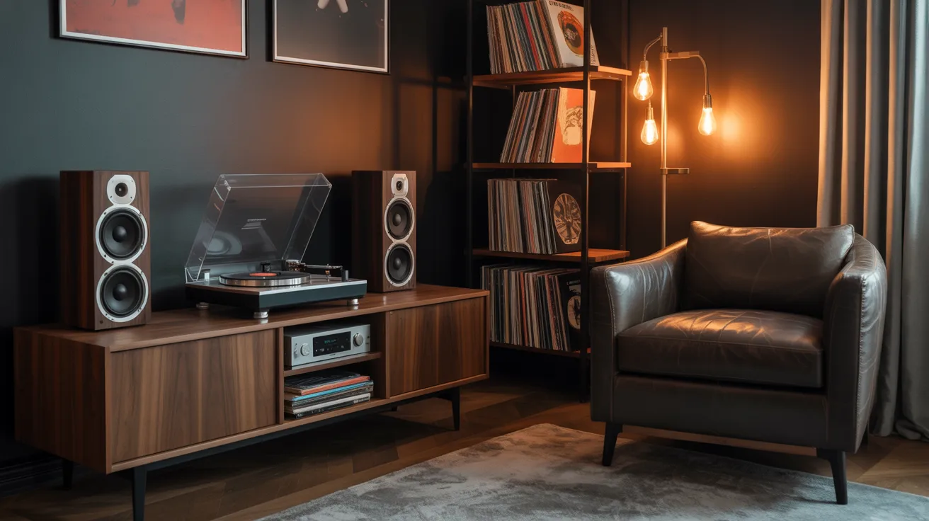 A cozy room featuring a record player, a comfortable chair, and a well-stocked bookshelf against the wall.