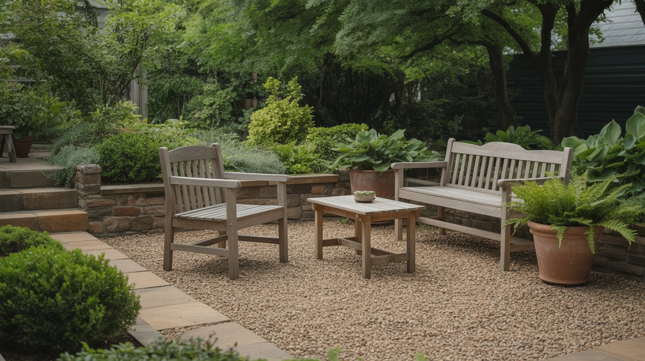 A serene garden patio with two wooden benches and a table on pebble ground, surrounded by lush greenery and large potted ferns, exuding a peaceful ambiance.
