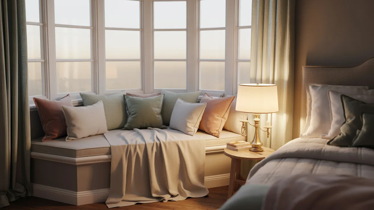 A cozy bedroom featuring a window seat beside a neatly made bed, with soft lighting enhancing the inviting atmosphere.