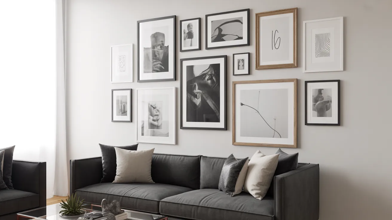 A cozy living room featuring a couch, coffee table, and framed pictures adorning the walls.