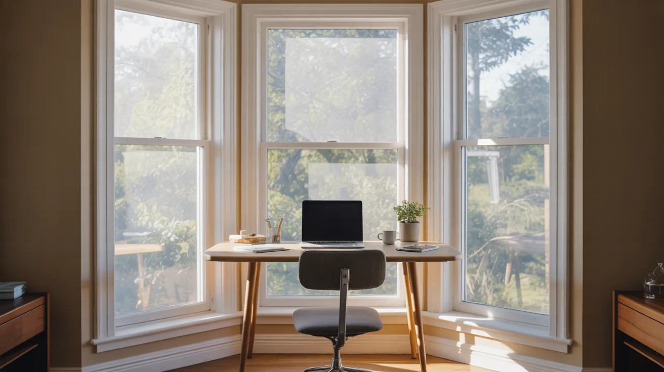 A desk with a laptop and chair positioned in front of a large window, allowing natural light to illuminate the workspace.