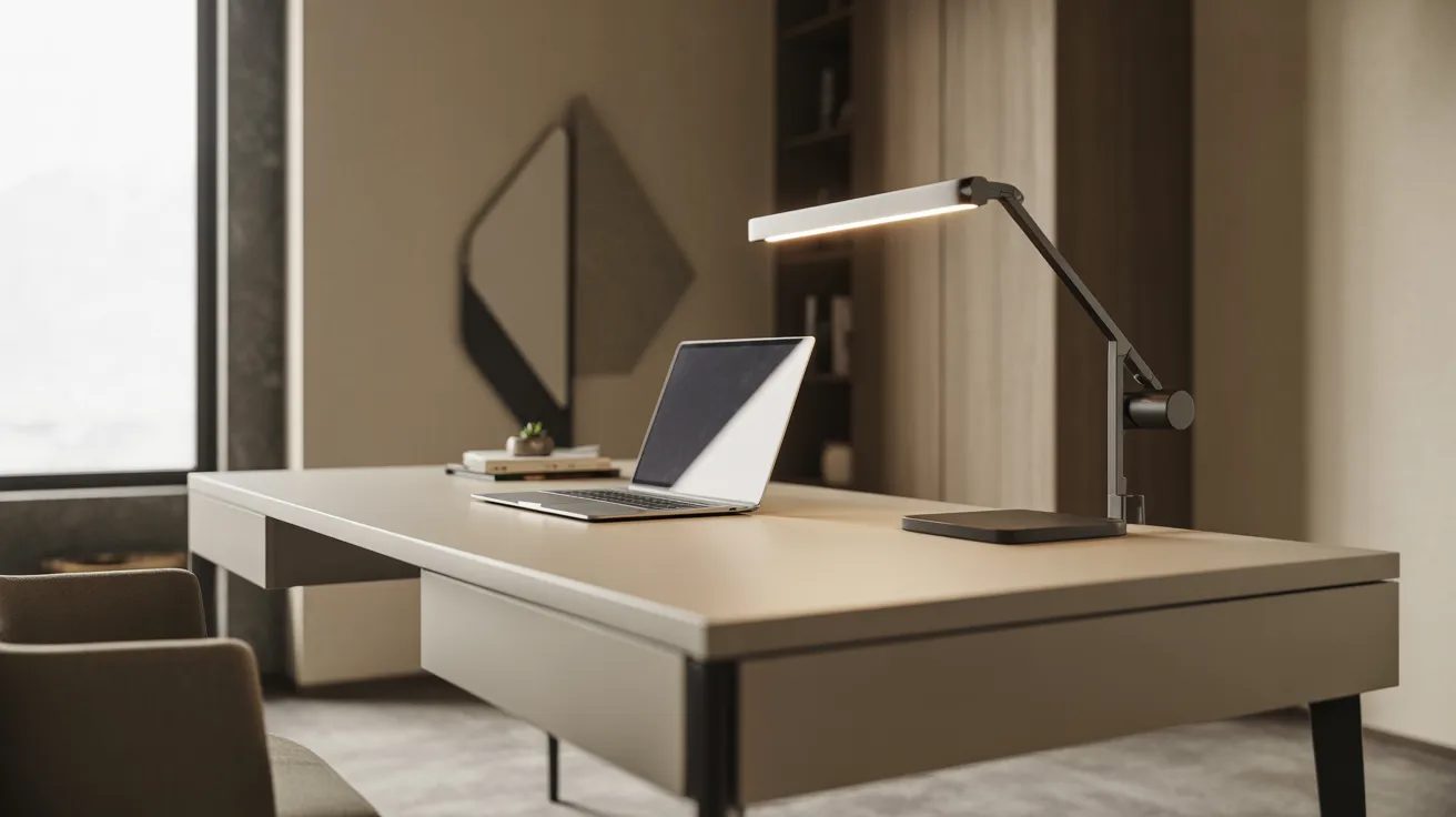 Desk with laptop and lamp, a simple workspace setup.