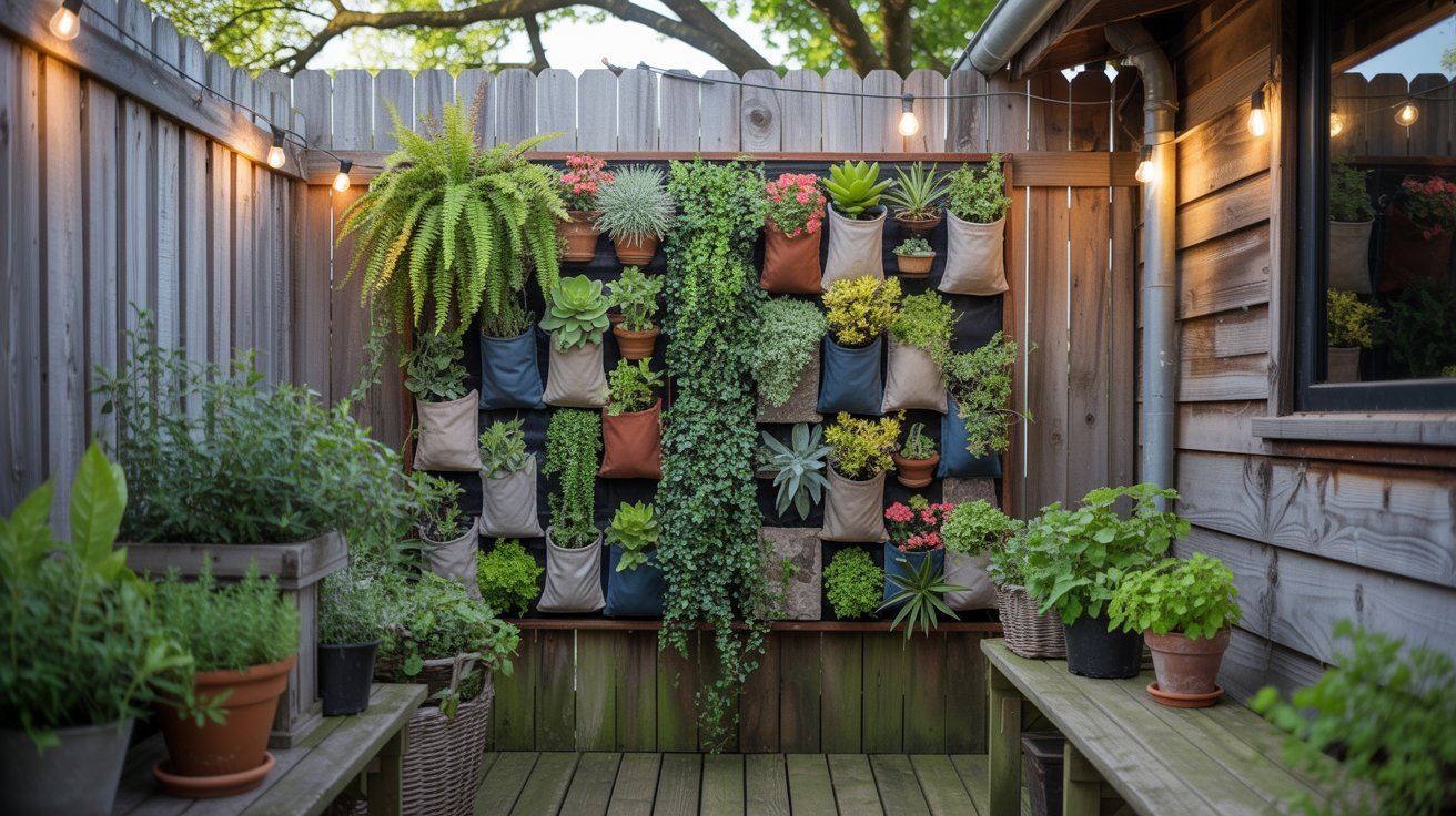 A cozy wooden patio features a vibrant vertical garden with various plants in wall-mounted pots. String lights add warmth, enhancing the serene ambiance.