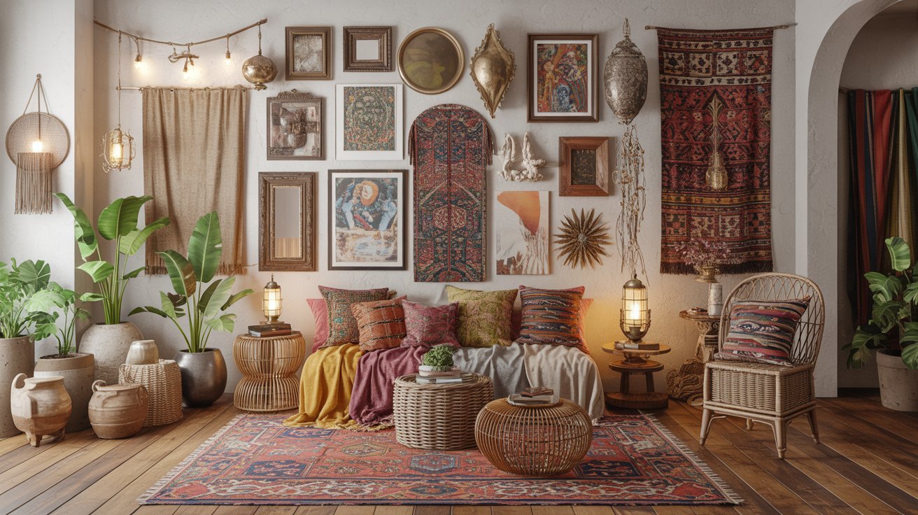 Cozy living room with eclectic boho decor, featuring plants, woven furniture, colorful cushions, and diverse wall art on a textured white wall. Warm and inviting.
