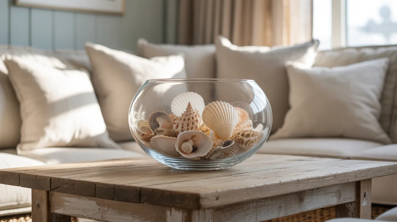 A glass bowl filled with assorted seashells sits on a rustic wooden table. Sunlight bathes a cozy sofa with beige cushions in the serene, airy living room.