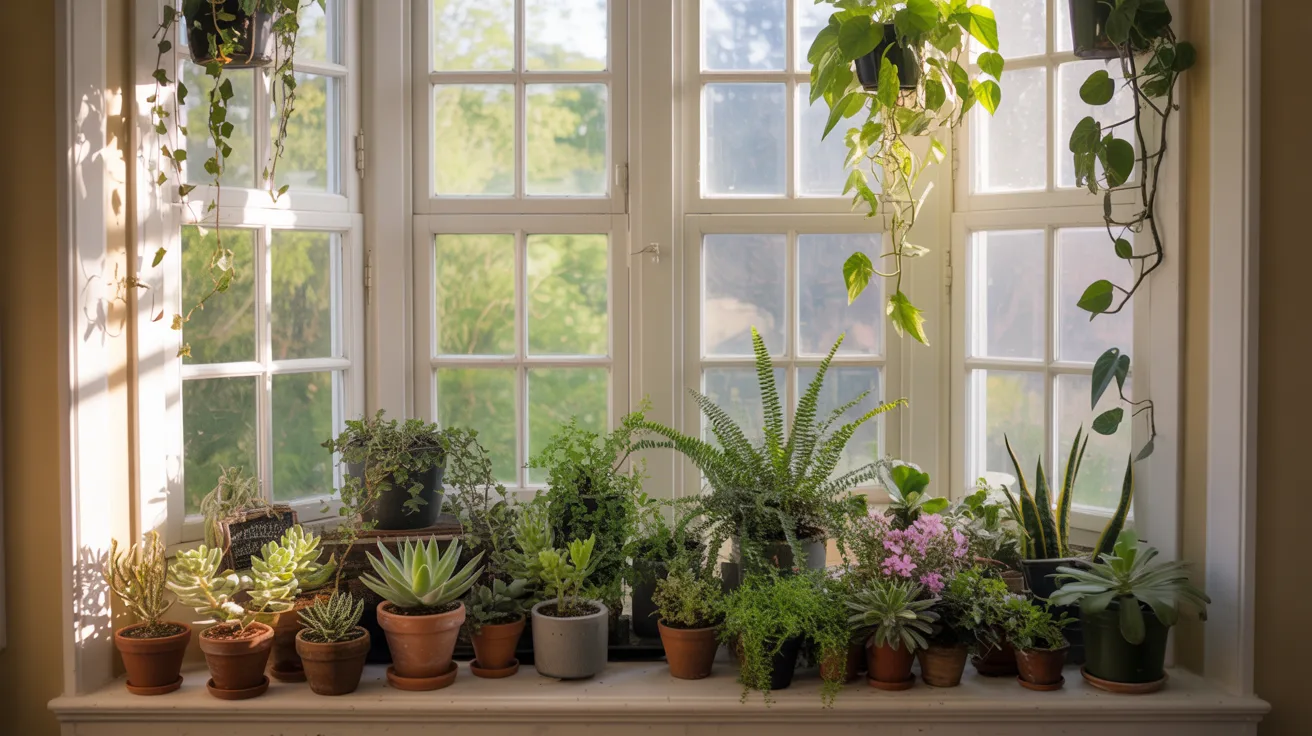 A window sill adorned with various potted plants, showcasing a vibrant display of greenery and natural beauty.
