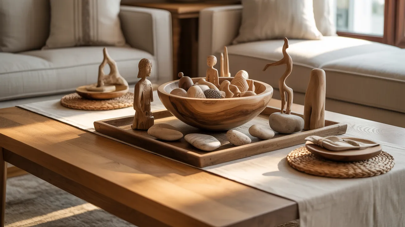 . A wooden table featuring a bowl and a wooden bowl, showcasing natural textures and warm tones.