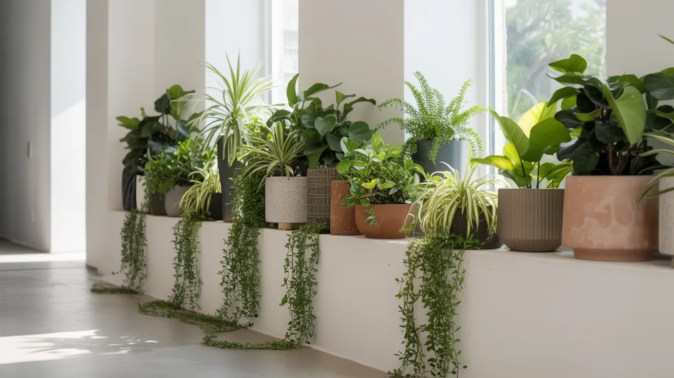 A row of potted houseplants on a white ledge, bathed in natural light. The greenery cascades gracefully, creating a serene, lush atmosphere.