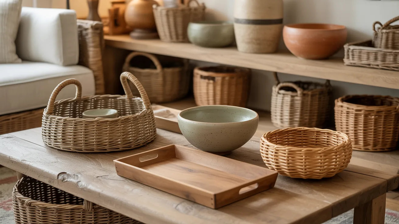 A cozy room with a wooden coffee table holding woven baskets and a ceramic bowl. Shelves in the background display more baskets, conveying a rustic, warm ambiance.