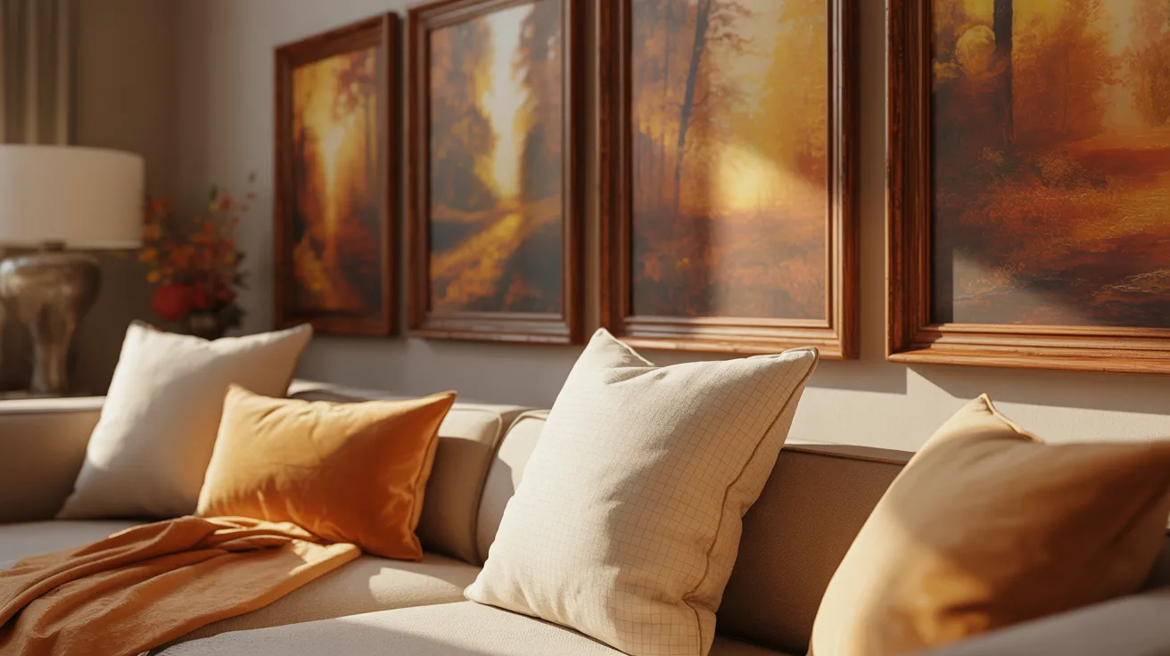 A cozy living room with a beige sofa adorned with white and orange cushions. Autumn-themed paintings and warm lighting create a serene ambiance.