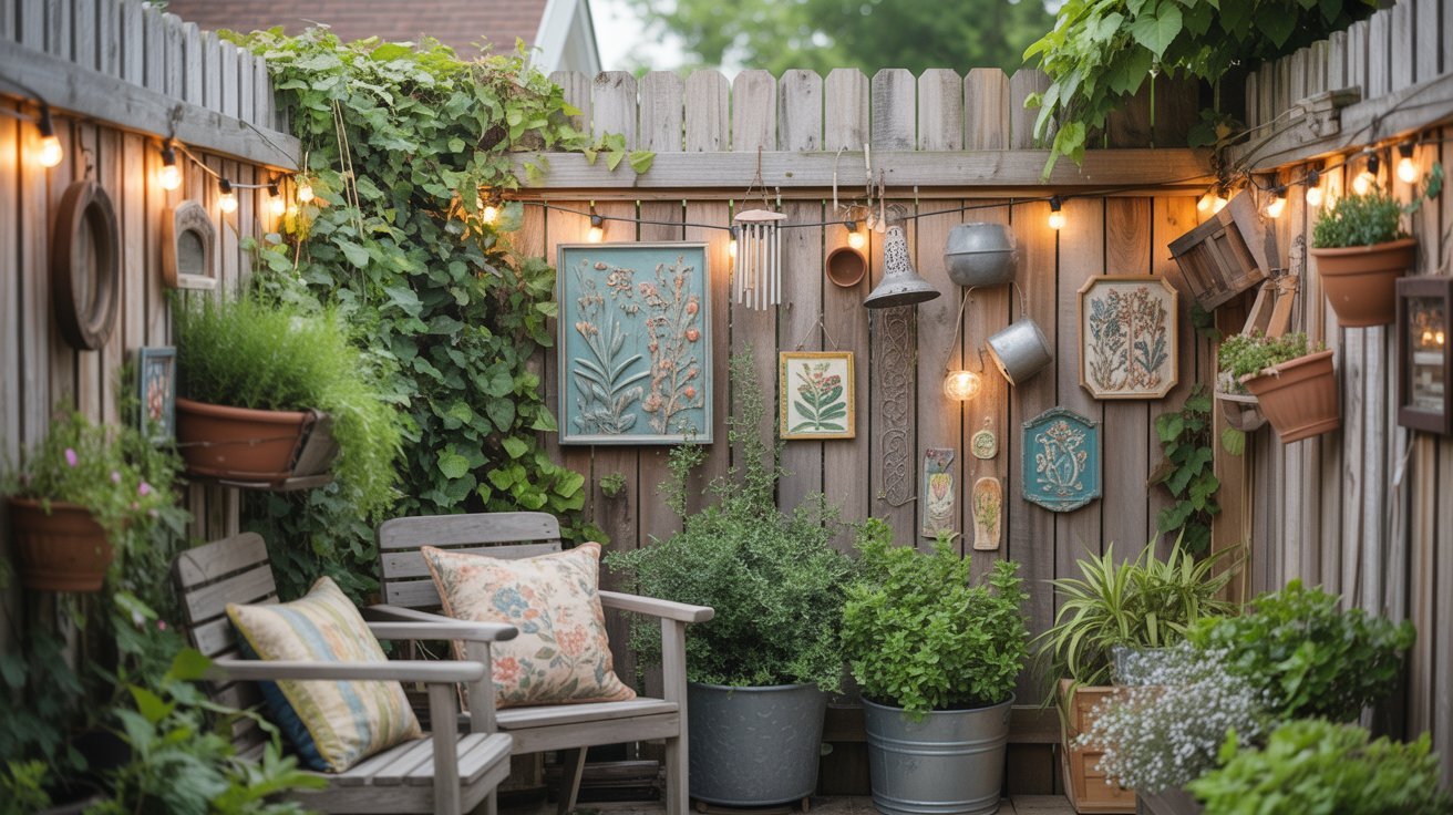 Cozy patio with wooden chairs, potted plants, and soft lighting. Decorative art and hanging pots adorn the wooden fence, creating a serene atmosphere.