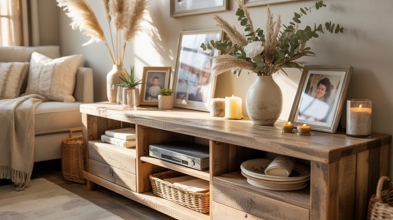 A cozy living room with a rustic wooden console adorned with framed photos, candles, and a vase of pampas grass. Soft sunlight creates a warm, inviting atmosphere.