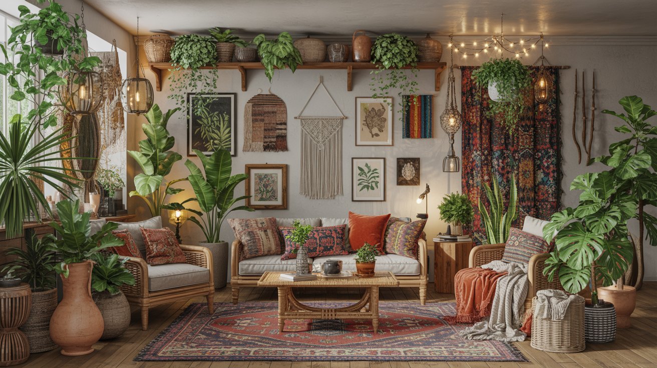  A cozy living room featuring various plants and stylish furniture arranged for comfort and relaxation.
