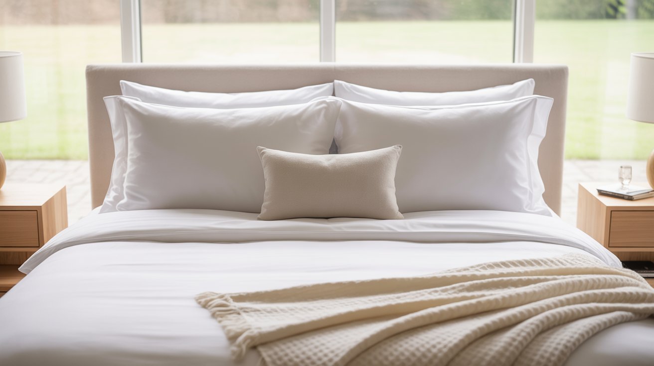 A cozy bedroom scene featuring a neatly made bed with crisp white linens and pillows, a beige throw blanket, and natural light streaming through large windows.