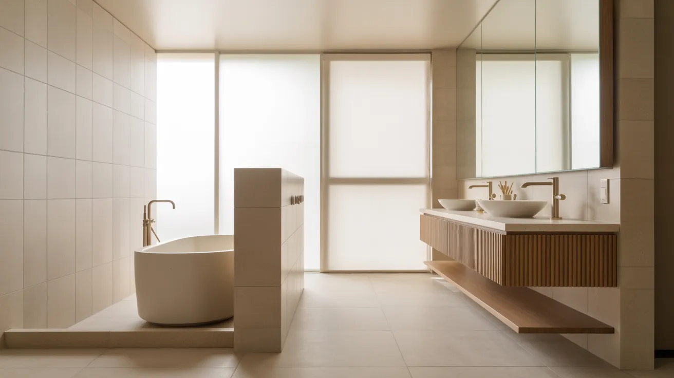 Minimalist bathroom with soft lighting. Features a freestanding tub, a floating double vanity with vessel sinks, and large frosted windows. Calm atmosphere.