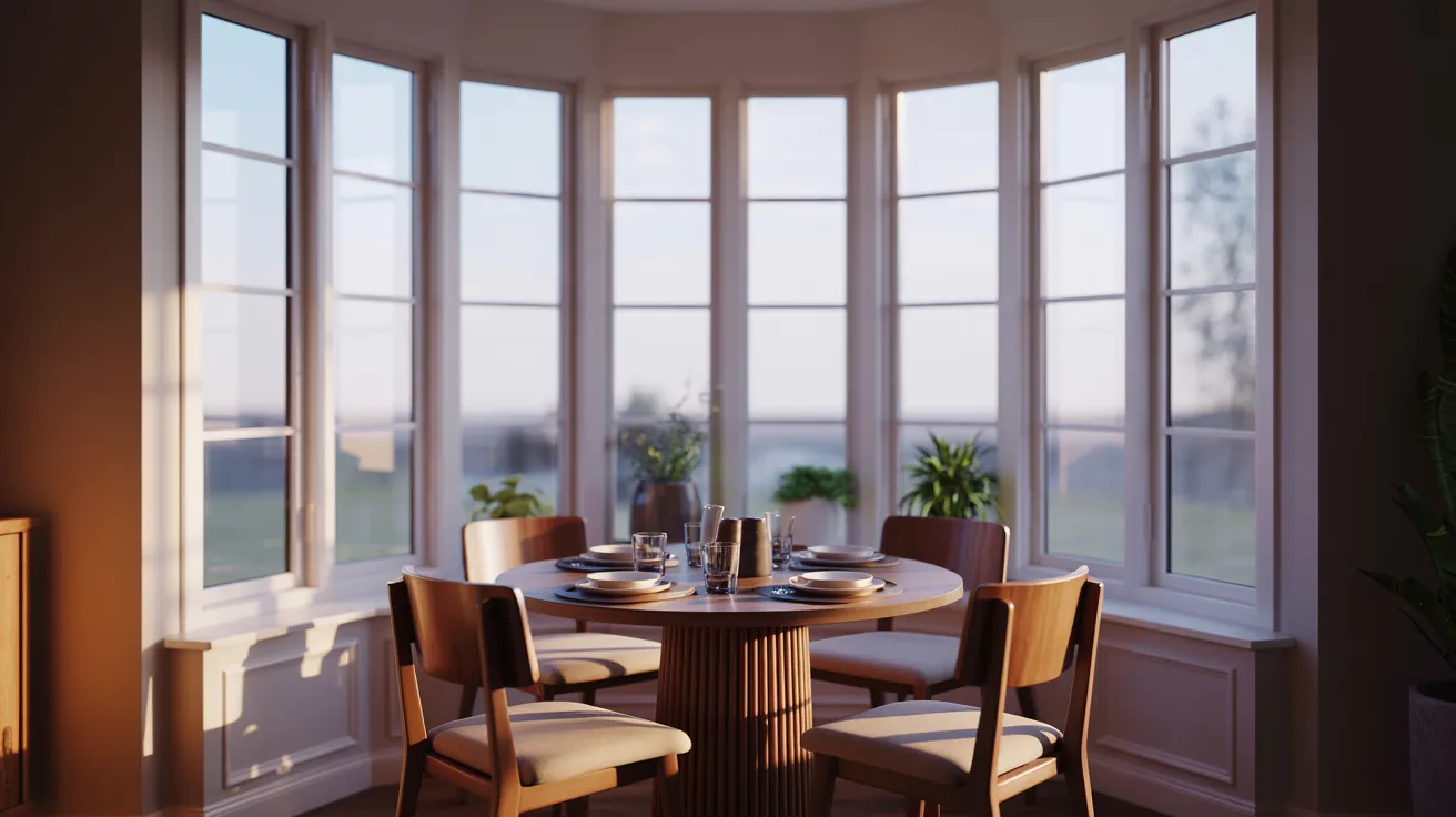 A dining room featuring a wooden table surrounded by four chairs, with soft lighting creating a warm atmosphere