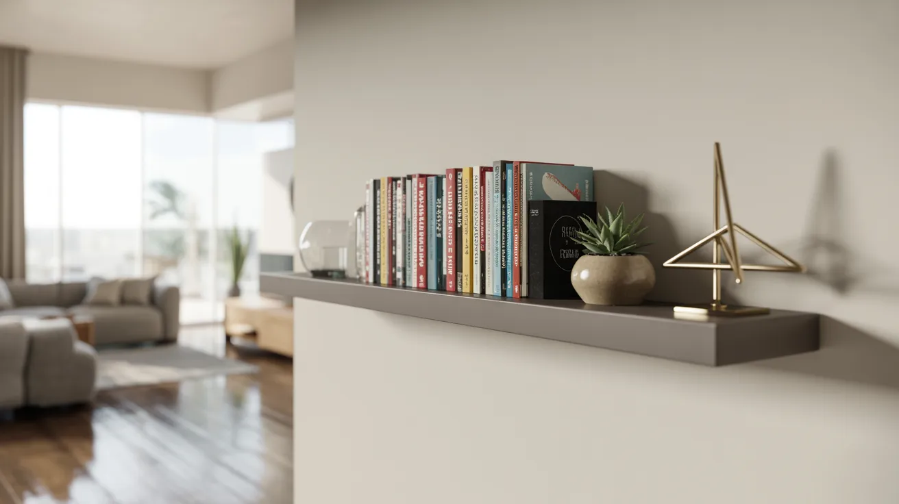 A minimalist living room with a floating shelf holding neatly arranged books, a potted plant, and a geometric sculpture. Sunlight streams through large windows.