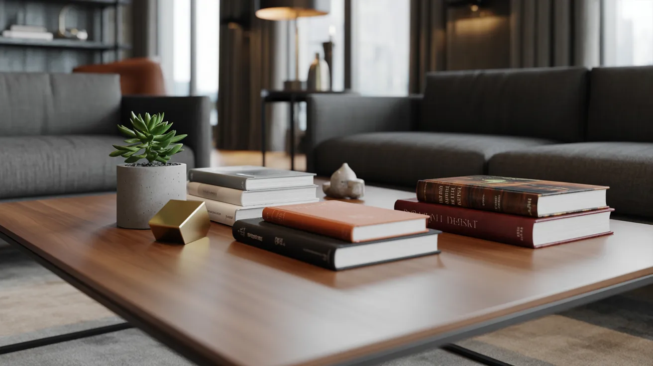 A modern living room with a wooden coffee table adorned with stacked books, a potted succulent, and a small sculpture, creating a cozy and stylish atmosphere.
