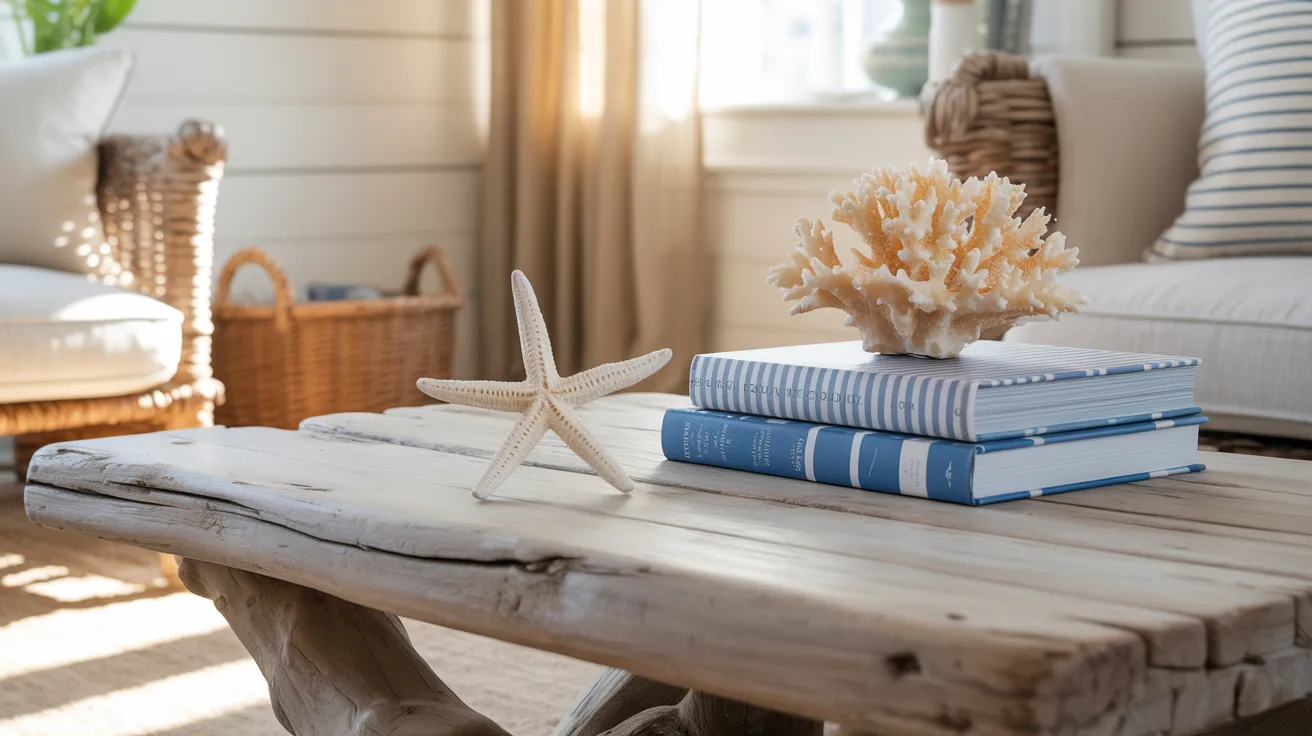 A driftwood coffee table with stacked blue books, a starfish, and coral decor. Sunlit cozy room with wicker furniture and a basket in the background.