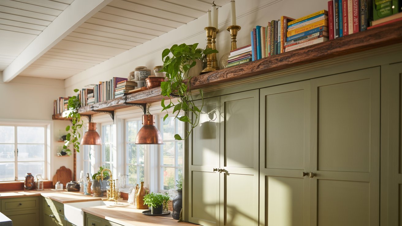  A modern kitchen featuring vibrant green cabinets and open shelves, creating a fresh and inviting atmosphere. /></p>
<p>Stack books with colorful spines up there for a warm, styled look. It adds personality to the space and makes good use of books you don’t reach for every day.</p>
<p>Mix in a small plant or object between stacks to break things up and keep it visually interesting.</p>
<h3>9. Use Large Statement Pieces</h3>
<p><img decoding=