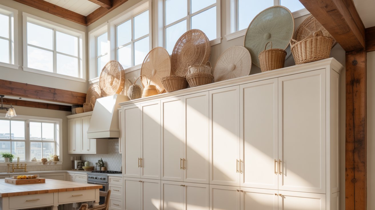 Sunlit kitchen with high ceilings and large windows, featuring white cabinets adorned with assorted woven baskets. Warm, rustic, and cozy atmosphere.