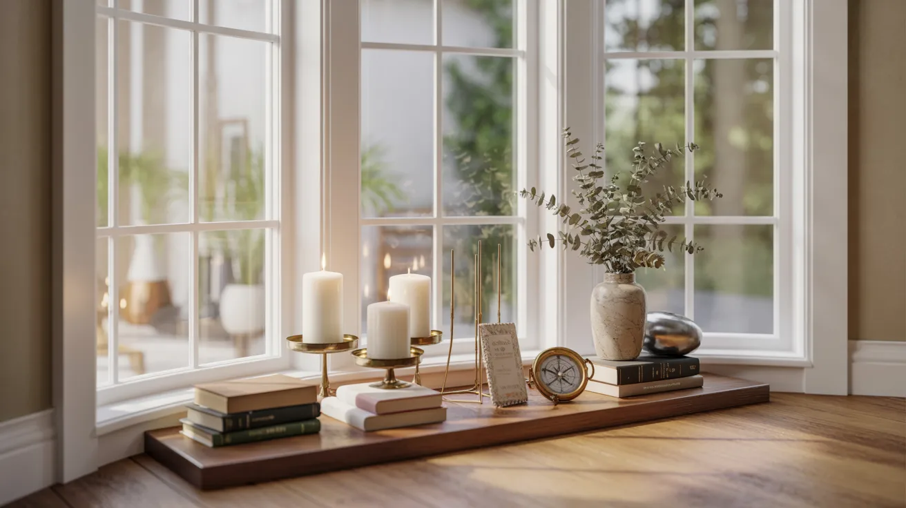 A cozy window nook with soft daylight streaming in. Features lit candles on holders, books, a clock, and a vase with greenery on a wooden ledge.