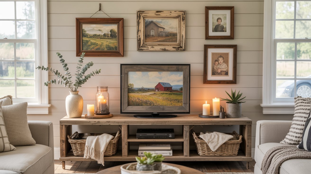 A cozy living room features a wooden media console with a TV displaying a red barn scene. Framed art and photos decorate the wall. Candles and plants add warmth.