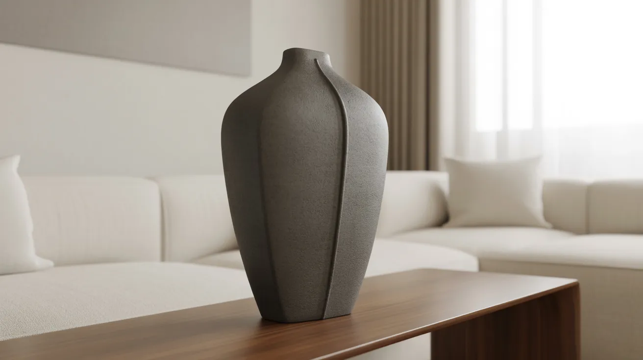 A gray vase on a table in front of a couch, adding a decorative touch to the living room setting.